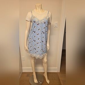Monteau Blue Floral Lace Lingerie Slip Mini Dress & White T-shirt Coord Set S
